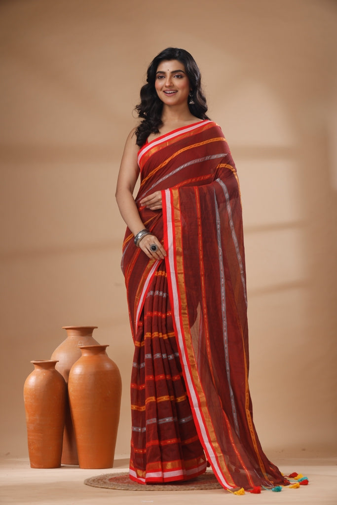Pure Cotton Mulmul Saree Striped Sequin Design Woven Handloom Saree