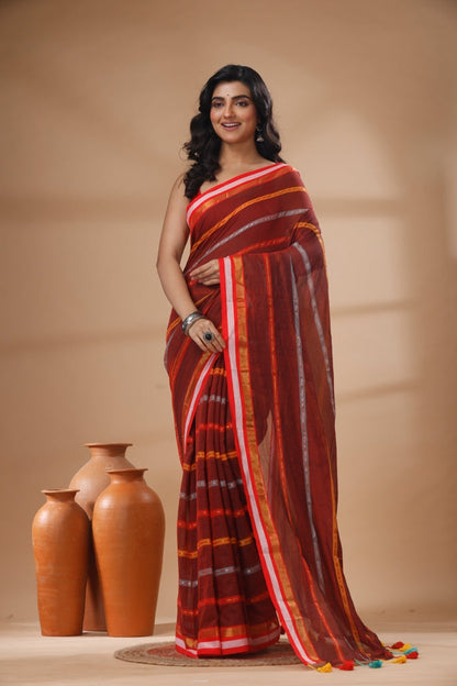 Pure Cotton Mulmul Saree Striped Sequin Design Woven Handloom Saree