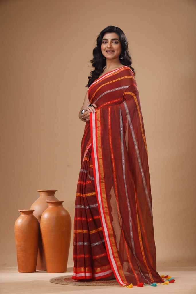 Pure Cotton Mulmul Saree Striped Sequin Design Woven Handloom Saree