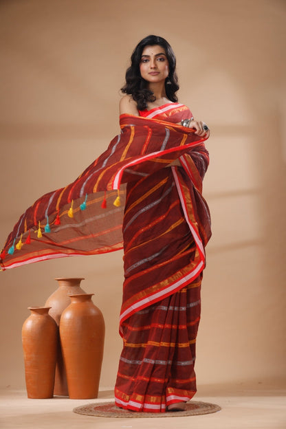 Pure Cotton Mulmul Saree Striped Sequin Design Woven Handloom Saree