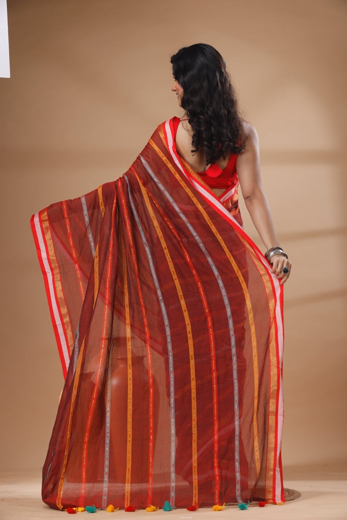 Pure Cotton Mulmul Saree Striped Sequin Design Woven Handloom Saree