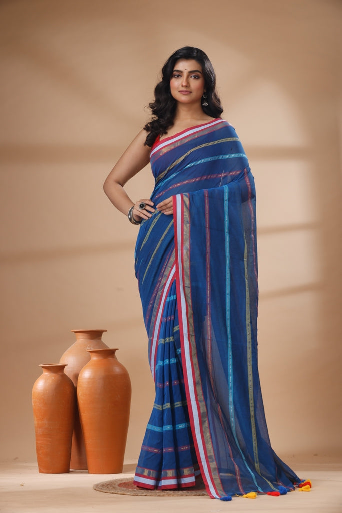 Pure Cotton Mulmul Saree Striped Sequin Design Woven Handloom Saree