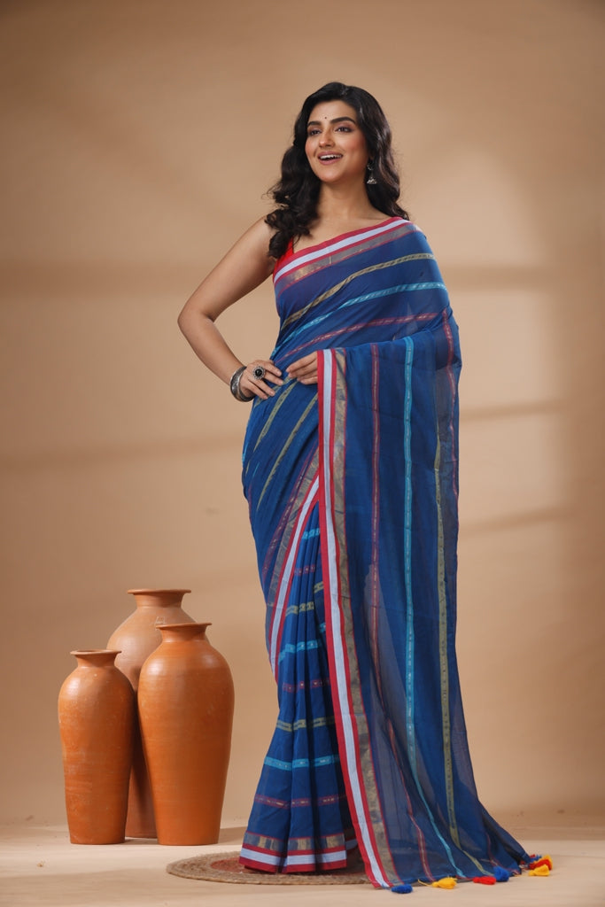 Pure Cotton Mulmul Saree Striped Sequin Design Woven Handloom Saree