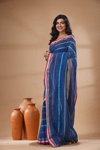 Pure Cotton Mulmul Saree Striped Sequin Design Woven Handloom Saree