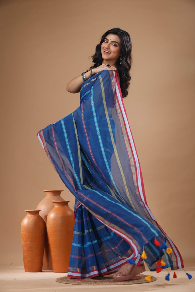 Pure Cotton Mulmul Saree Striped Sequin Design Woven Handloom Saree