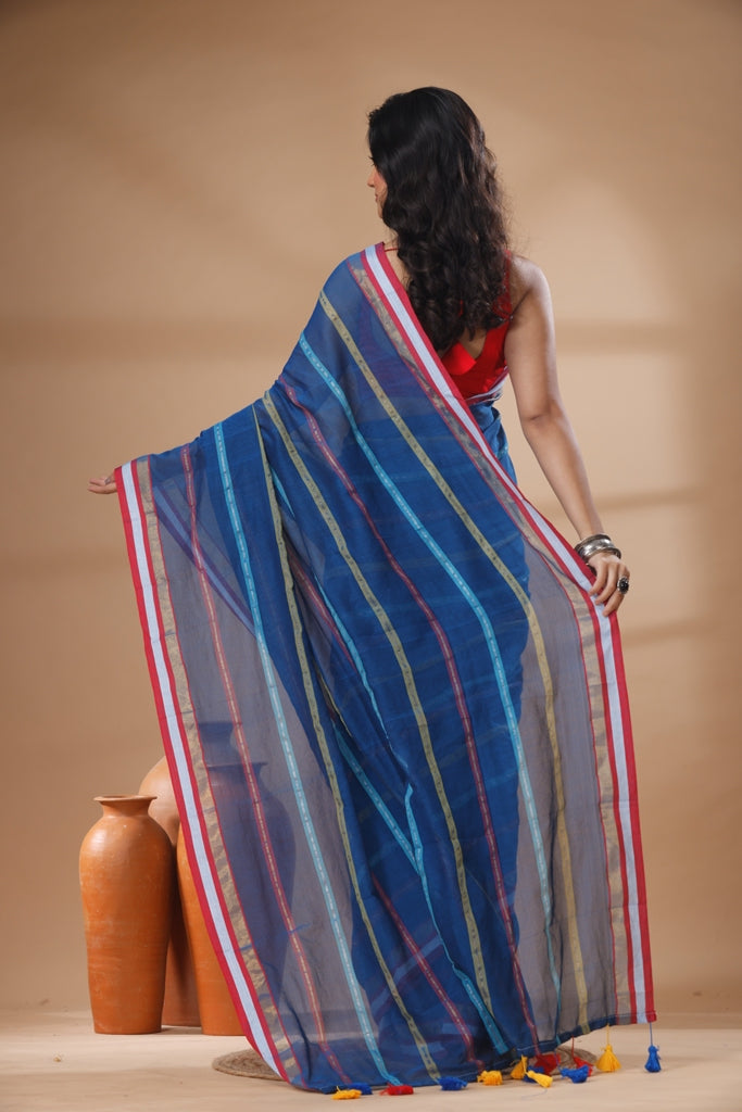 Pure Cotton Mulmul Saree Striped Sequin Design Woven Handloom Saree