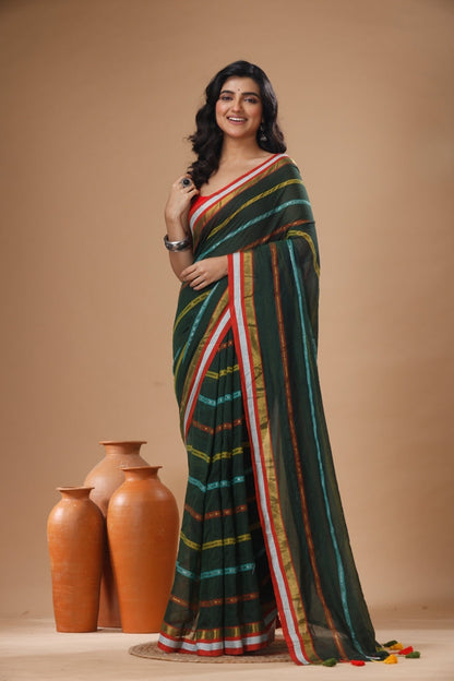 Pure Cotton Mulmul Saree Striped Sequin Design Woven Handloom Saree
