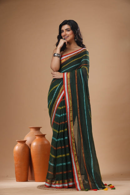 Pure Cotton Mulmul Saree Striped Sequin Design Woven Handloom Saree