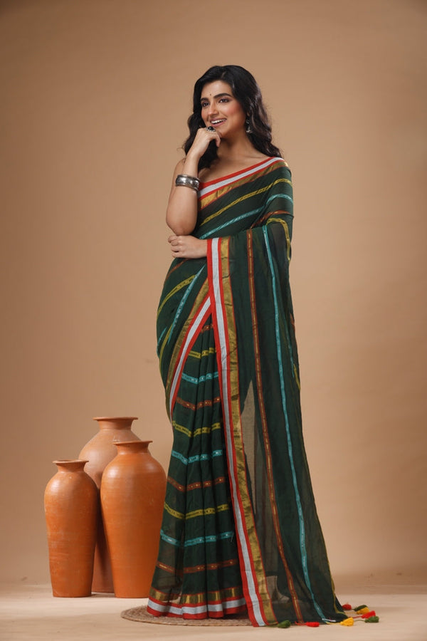 Pure Cotton Mulmul Saree Striped Sequin Design Woven Handloom Saree