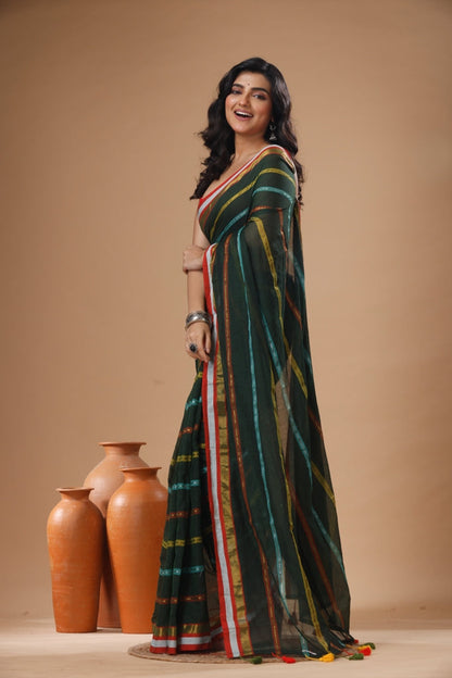Pure Cotton Mulmul Saree Striped Sequin Design Woven Handloom Saree