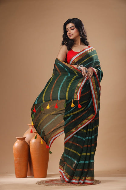 Pure Cotton Mulmul Saree Striped Sequin Design Woven Handloom Saree