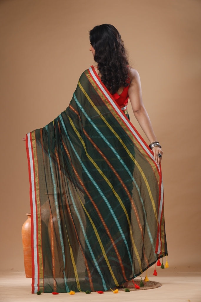 Pure Cotton Mulmul Saree Striped Sequin Design Woven Handloom Saree