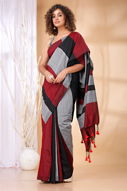Cotton Handloom Saree Striped, Color Block Handloom Cotton Blend Saree