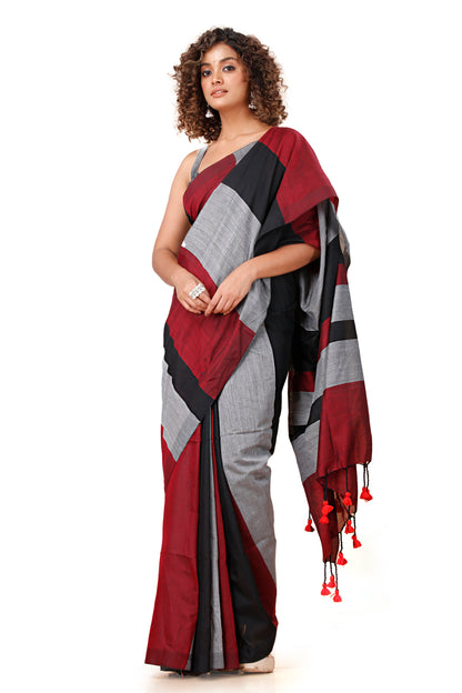 Cotton Handloom Saree Striped, Color Block Handloom Cotton Blend Saree