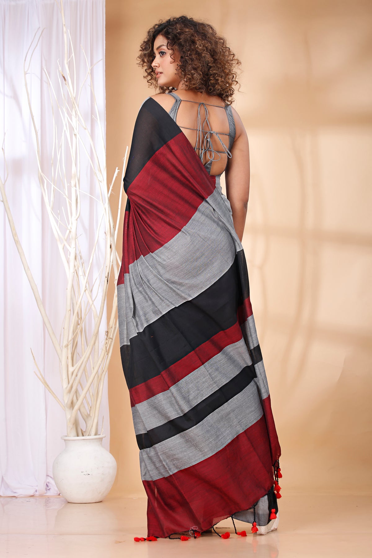 Cotton Handloom Saree Striped, Color Block Handloom Cotton Blend Saree
