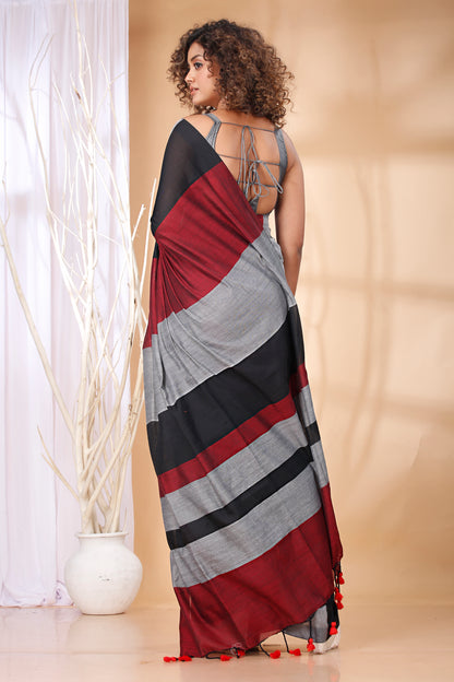 Cotton Handloom Saree Striped, Color Block Handloom Cotton Blend Saree