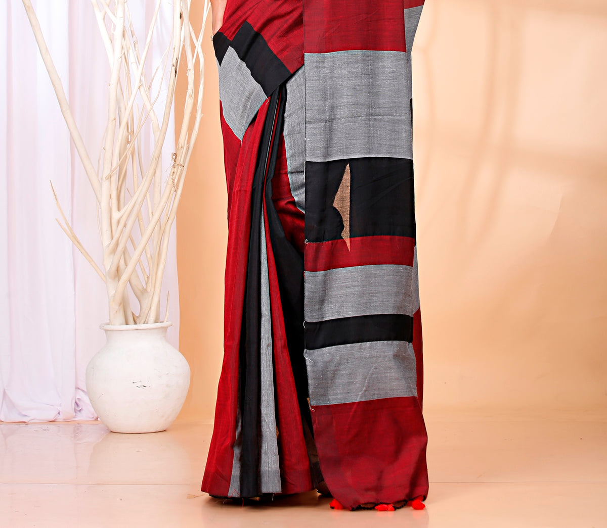 Cotton Handloom Saree Striped, Color Block Handloom Cotton Blend Saree