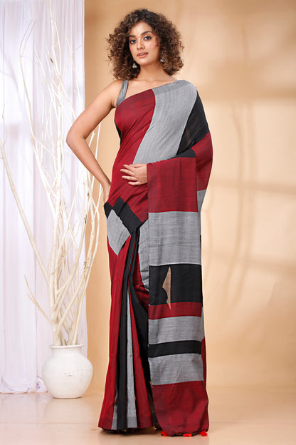 Cotton Handloom Saree Striped, Color Block Handloom Cotton Blend Saree