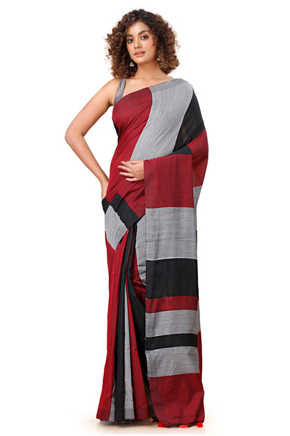 Cotton Handloom Saree Striped, Color Block Handloom Cotton Blend Saree