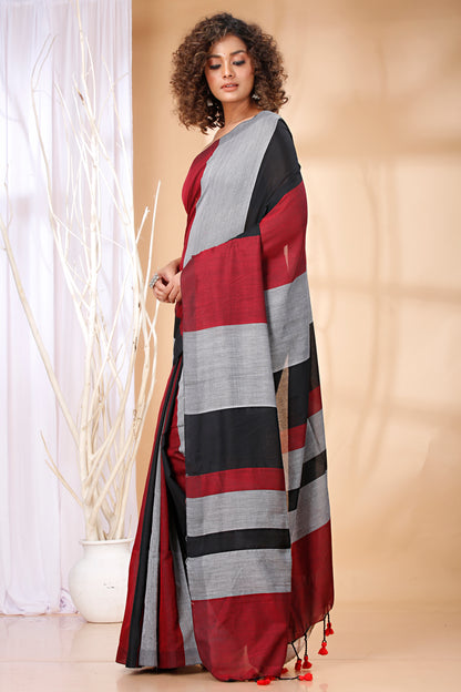 Cotton Handloom Saree Striped, Color Block Handloom Cotton Blend Saree