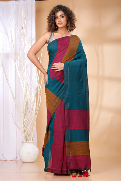 Cotton Handloom Saree Striped, Color Block Handloom Cotton Blend Saree