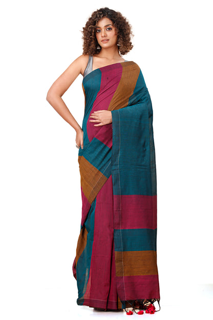 Cotton Handloom Saree Striped, Color Block Handloom Cotton Blend Saree