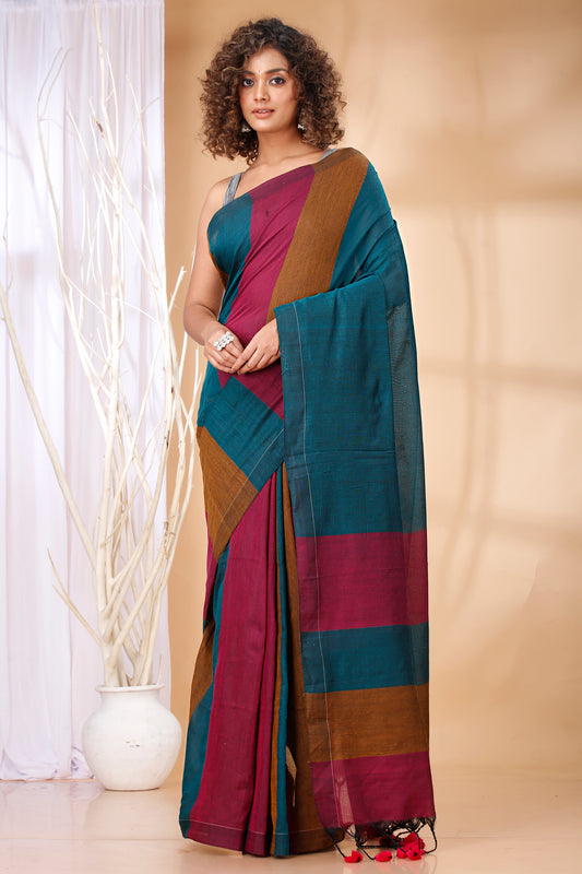Cotton Handloom Saree Striped, Color Block Handloom Cotton Blend Saree