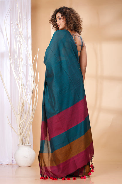 Cotton Handloom Saree Striped, Color Block Handloom Cotton Blend Saree