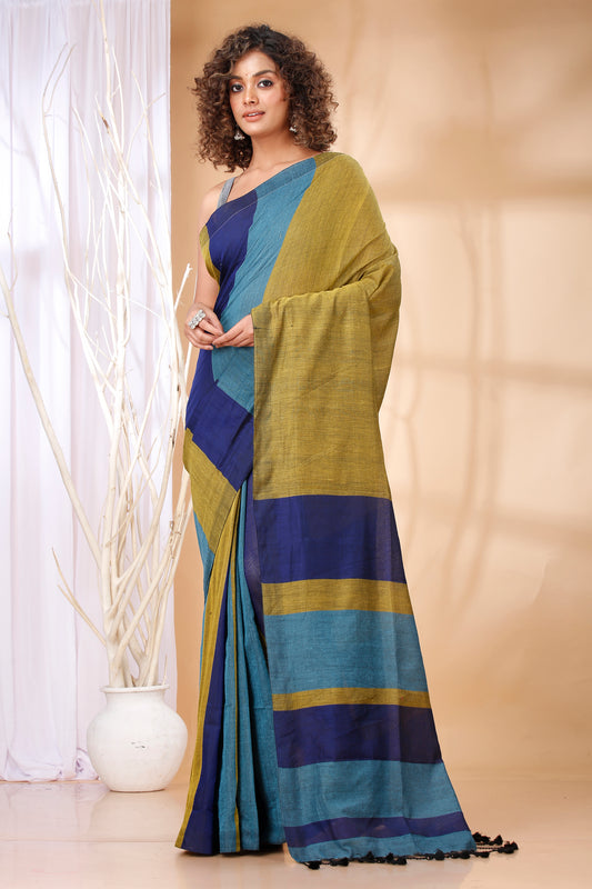 Cotton Handloom Saree Striped, Color Block Handloom Cotton Blend Saree