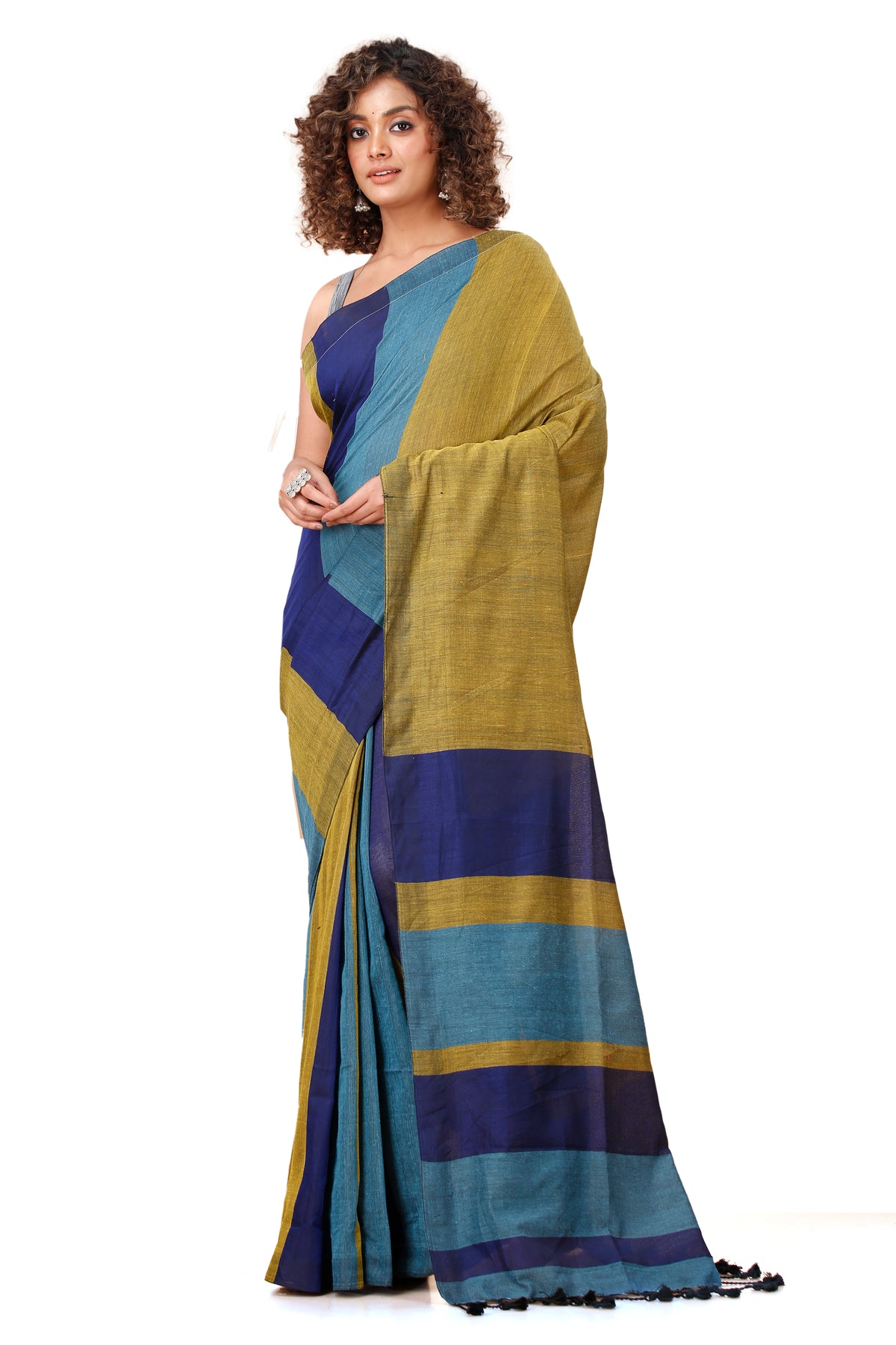 Cotton Handloom Saree Striped, Color Block Handloom Cotton Blend Saree
