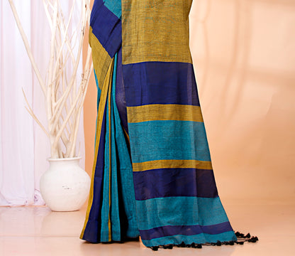 Cotton Handloom Saree Striped, Color Block Handloom Cotton Blend Saree