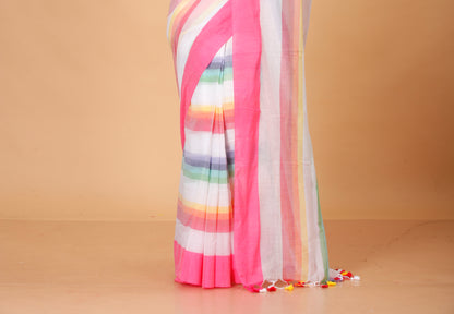 Pure Cotton Mulmul Saree Rainbow Design Woven Handloom Saree