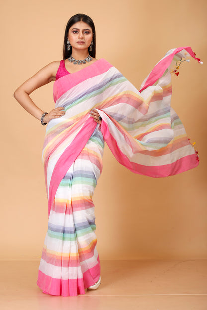 Pure Cotton Mulmul Saree Rainbow Design Woven Handloom Saree