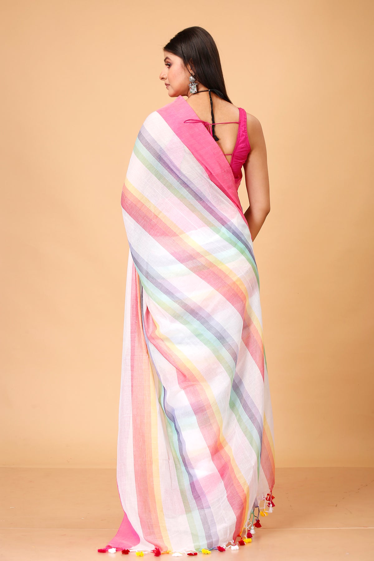 Pure Cotton Mulmul Saree Rainbow Design Woven Handloom Saree