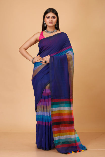 Pure Cotton Mulmul Saree Rainbow Design Woven Handloom Saree