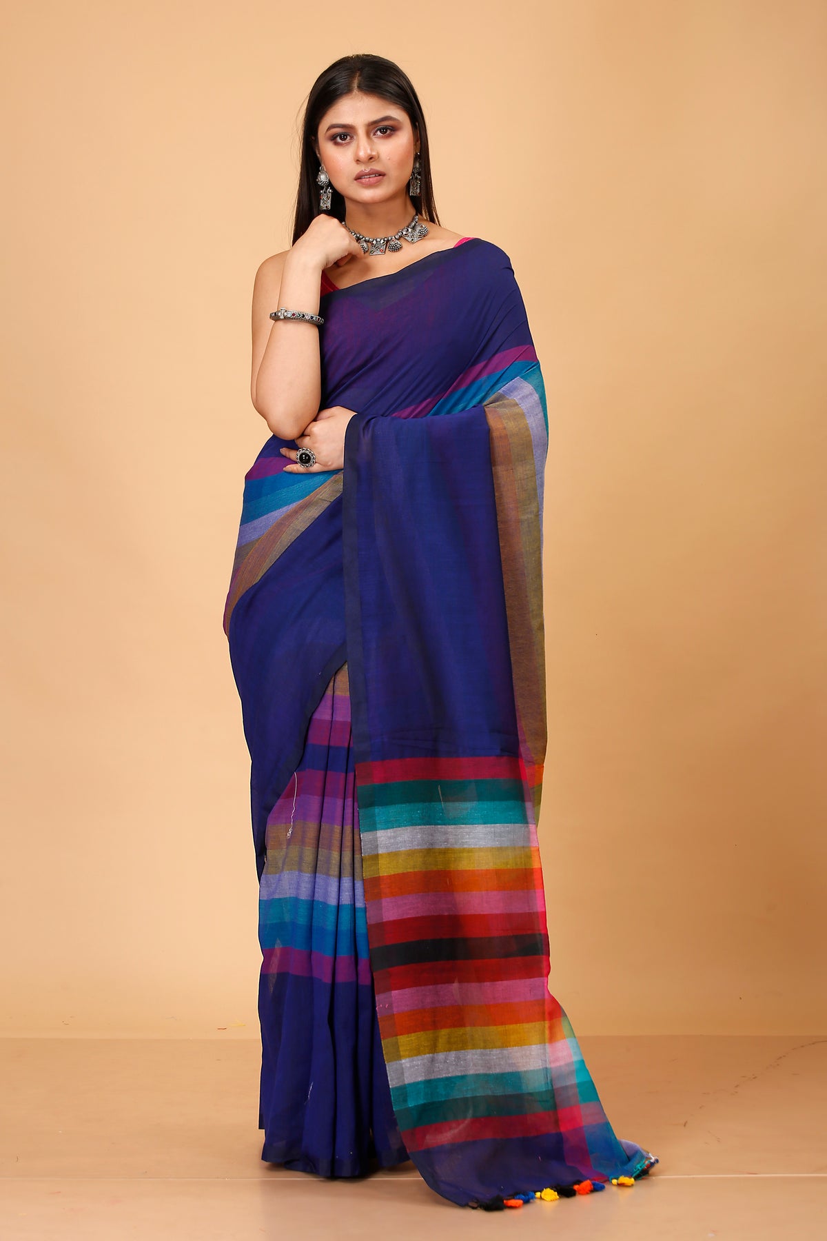 Pure Cotton Mulmul Saree Rainbow Design Woven Handloom Saree