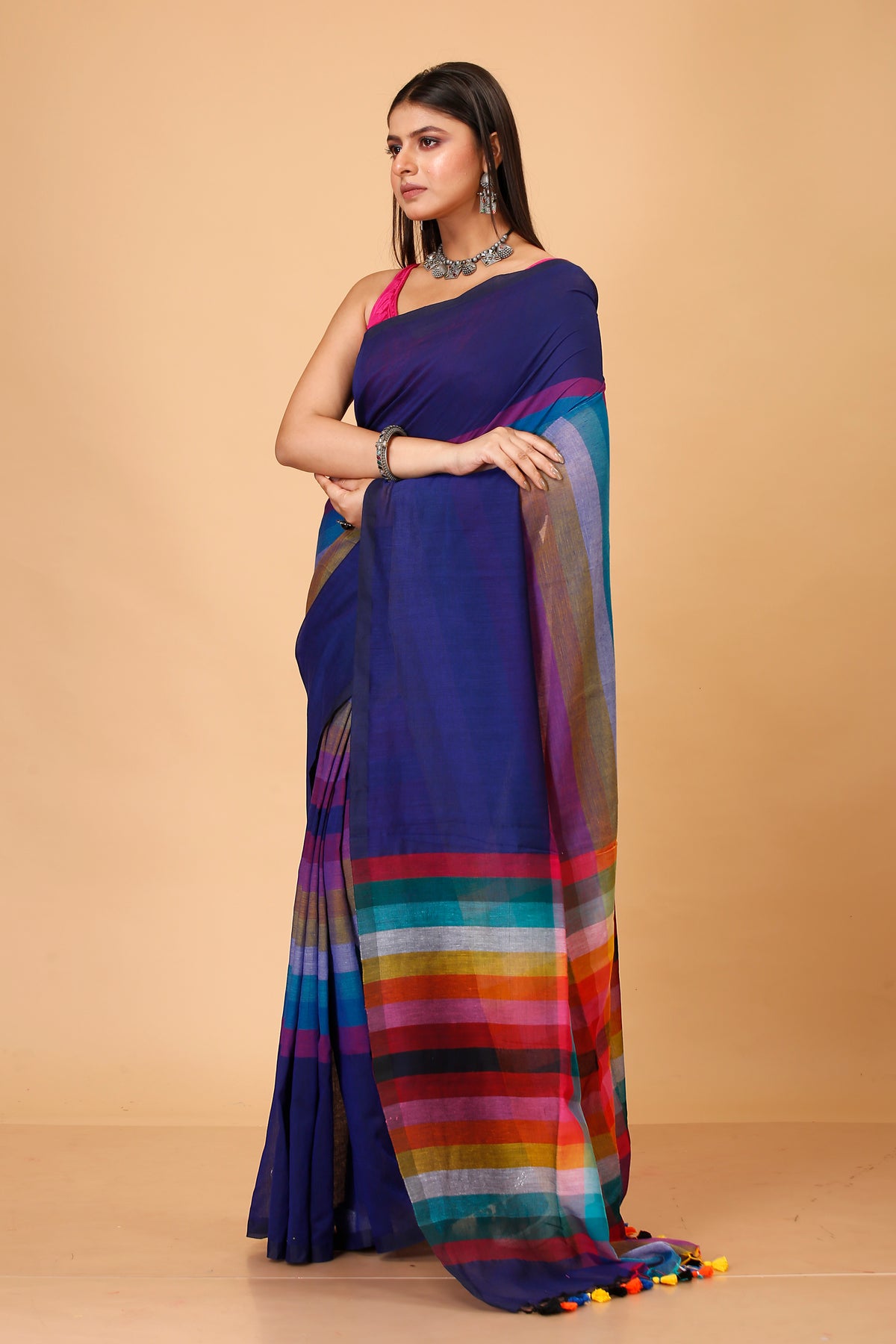 Pure Cotton Mulmul Saree Rainbow Design Woven Handloom Saree