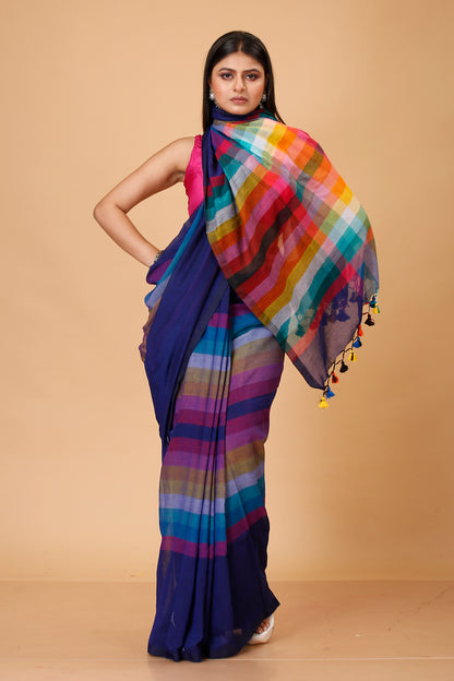 Pure Cotton Mulmul Saree Rainbow Design Woven Handloom Saree