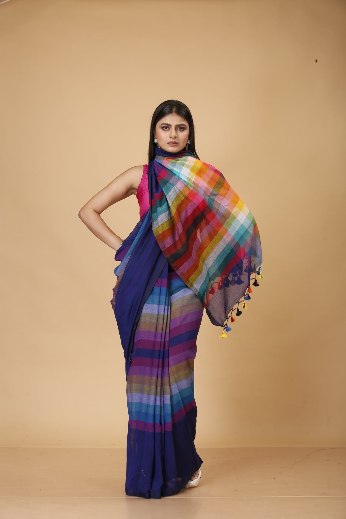 Pure Cotton Mulmul Saree Rainbow Design Woven Handloom Saree