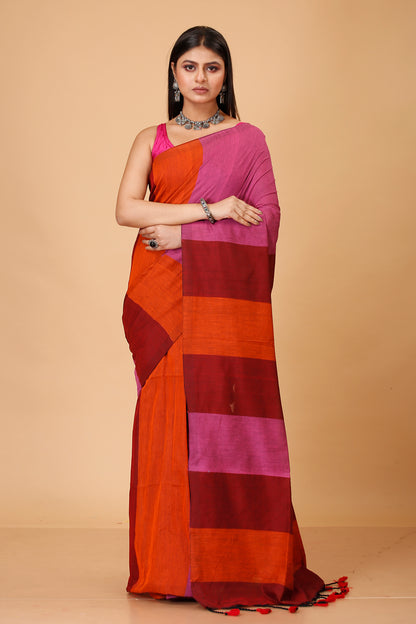 Cotton Handloom Saree Striped, Color Block Handloom Cotton Blend Saree