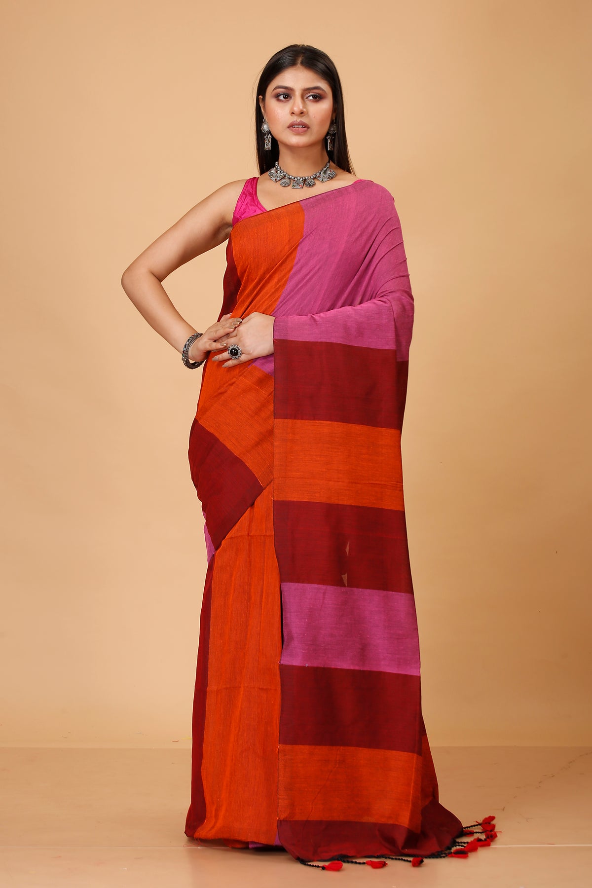 Cotton Handloom Saree Striped, Color Block Handloom Cotton Blend Saree