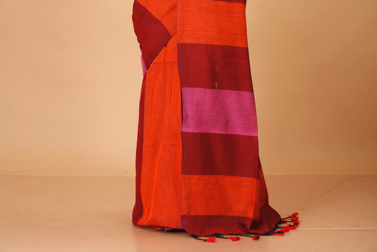 Cotton Handloom Saree Striped, Color Block Handloom Cotton Blend Saree