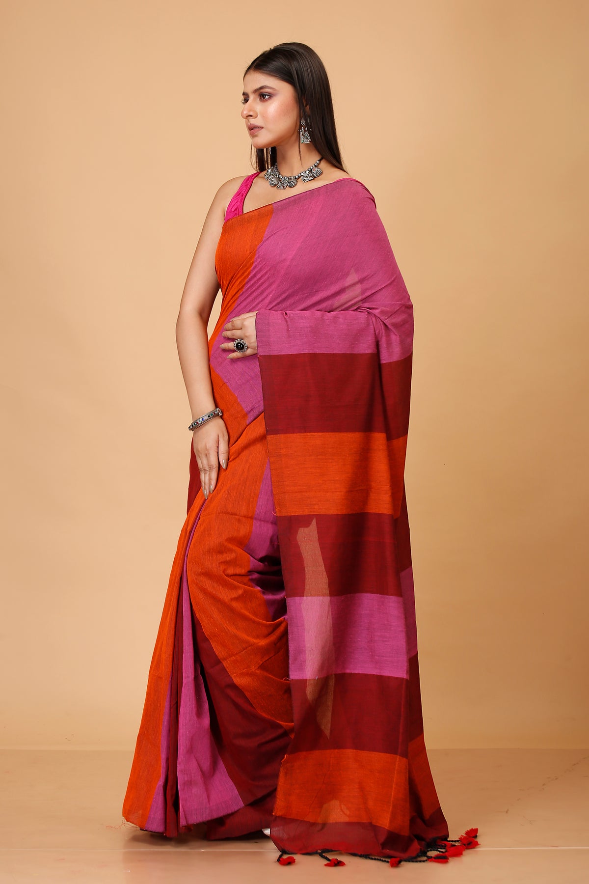 Cotton Handloom Saree Striped, Color Block Handloom Cotton Blend Saree