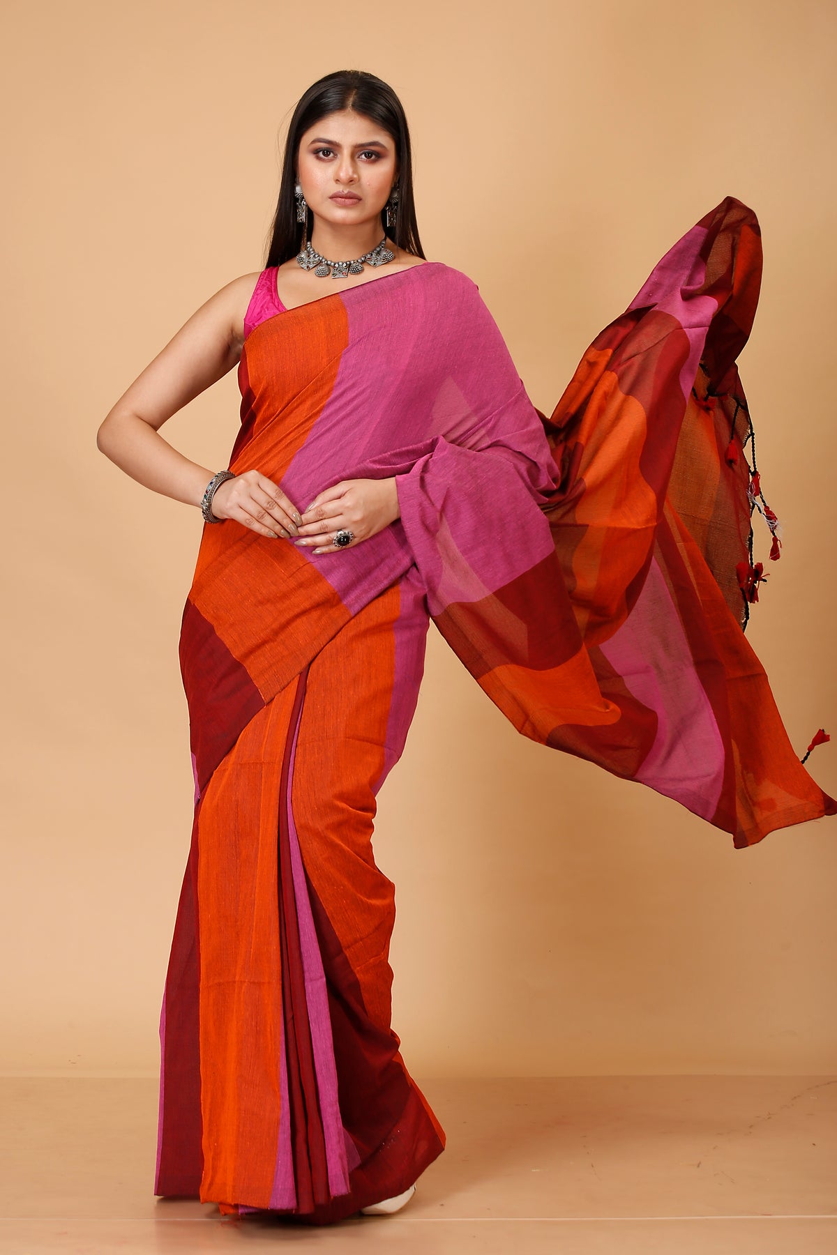 Cotton Handloom Saree Striped, Color Block Handloom Cotton Blend Saree