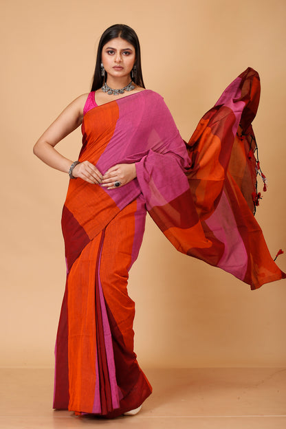 Cotton Handloom Saree Striped, Color Block Handloom Cotton Blend Saree