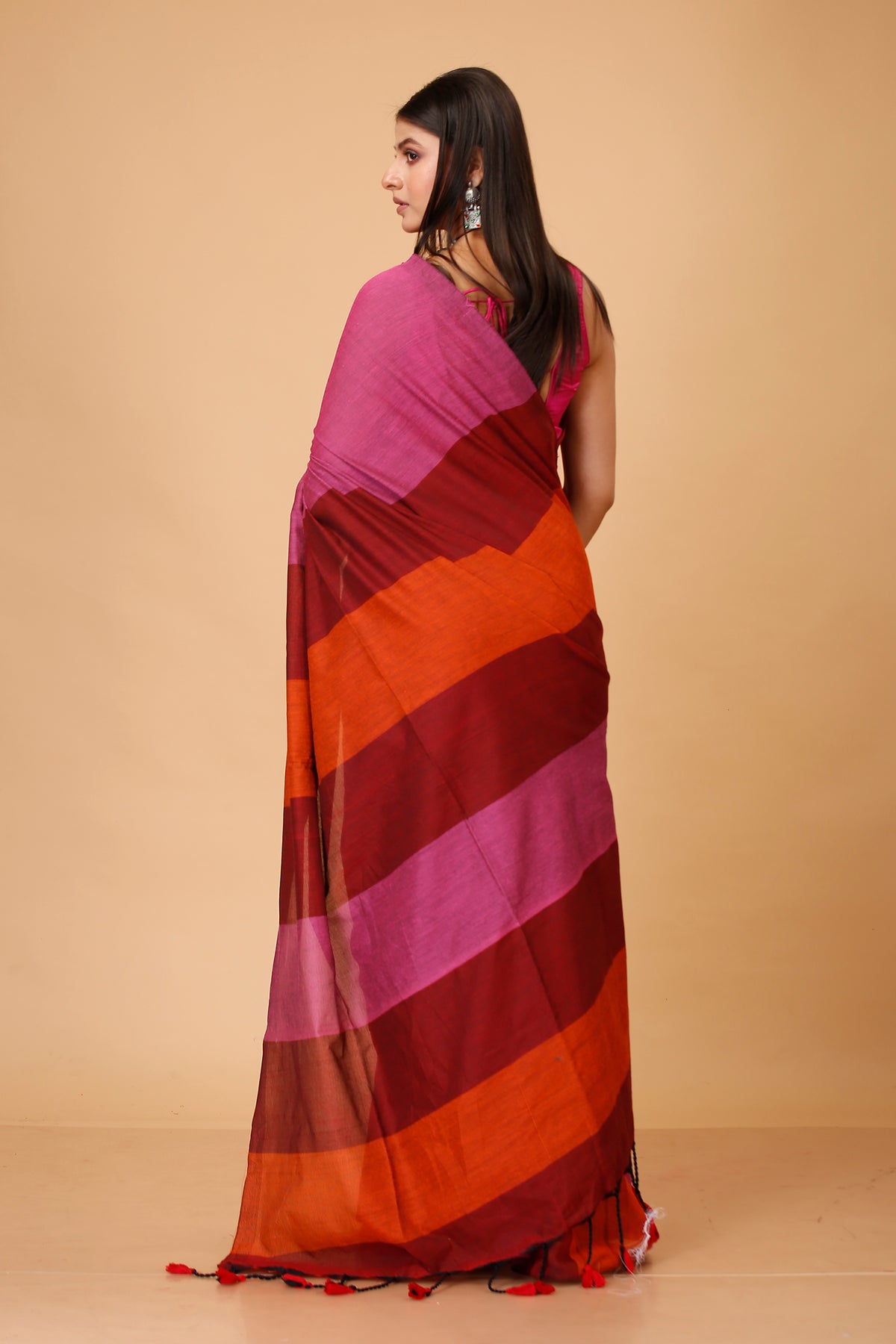 Cotton Handloom Saree Striped, Color Block Handloom Cotton Blend Saree