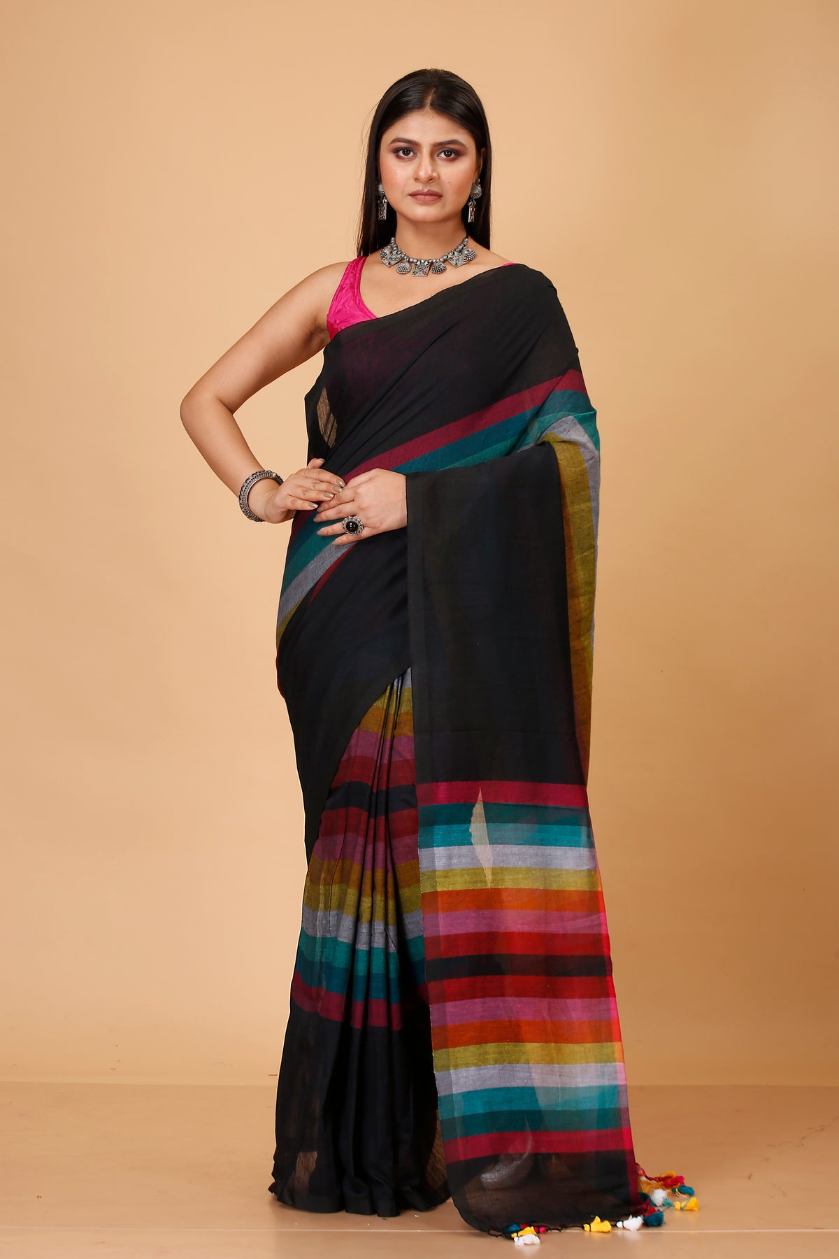 Pure Cotton Mulmul Saree Rainbow Design Woven Handloom Saree