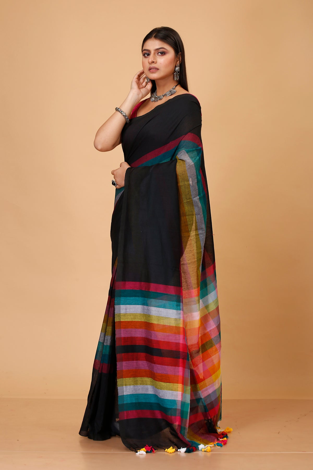Pure Cotton Mulmul Saree Rainbow Design Woven Handloom Saree