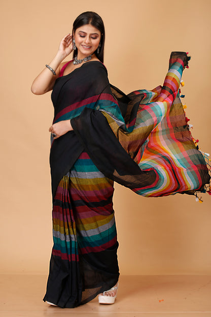 Pure Cotton Mulmul Saree Rainbow Design Woven Handloom Saree