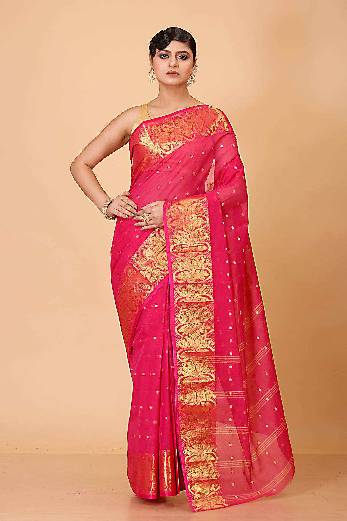 Pure Cotton Tant Saree Ball Buti Design Tant Saree With Self Design Zari Border